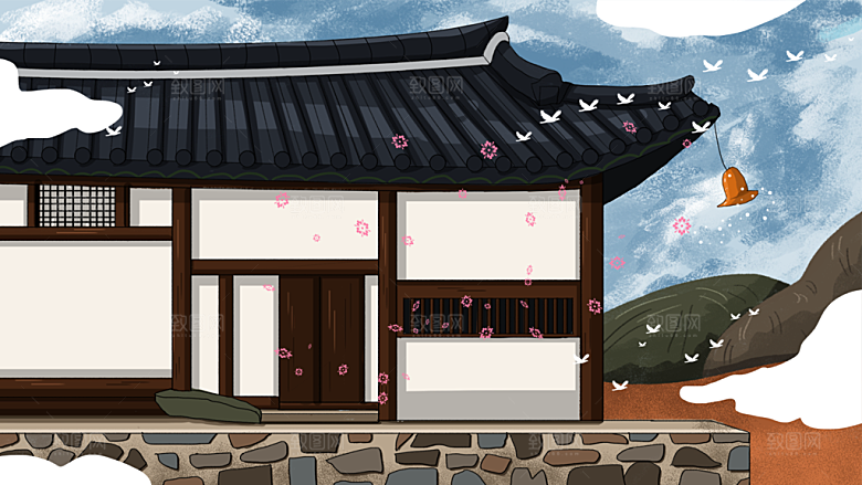 山水凉亭建筑中式插画海报