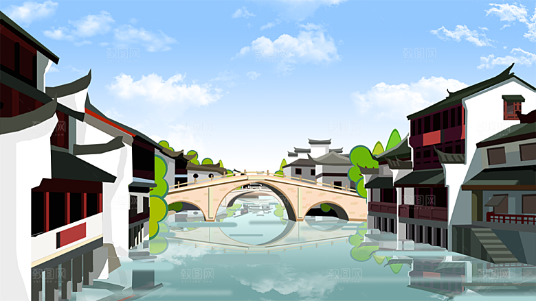 山水凉亭风景插画背景海报