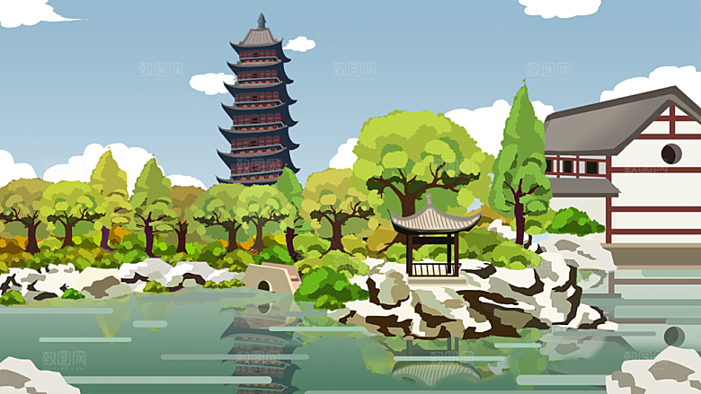 山水凉亭风景插画背景海报