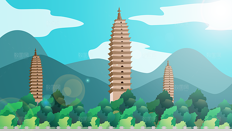 山水凉亭风景插画背景海报