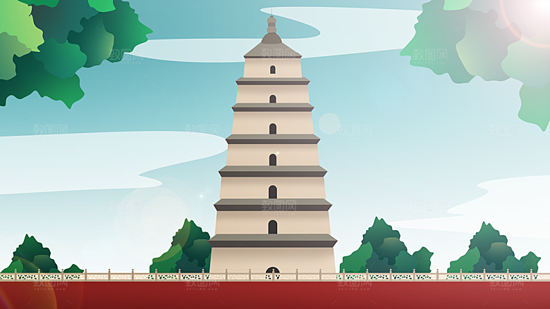 山水凉亭风景插画背景海报