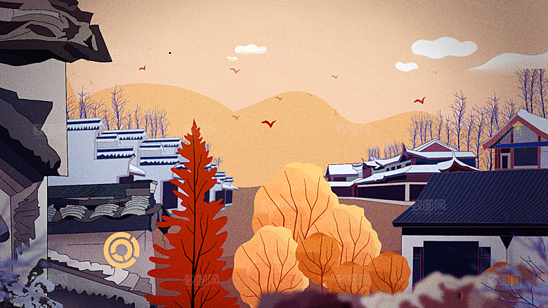 山水凉亭风景插画背景海报