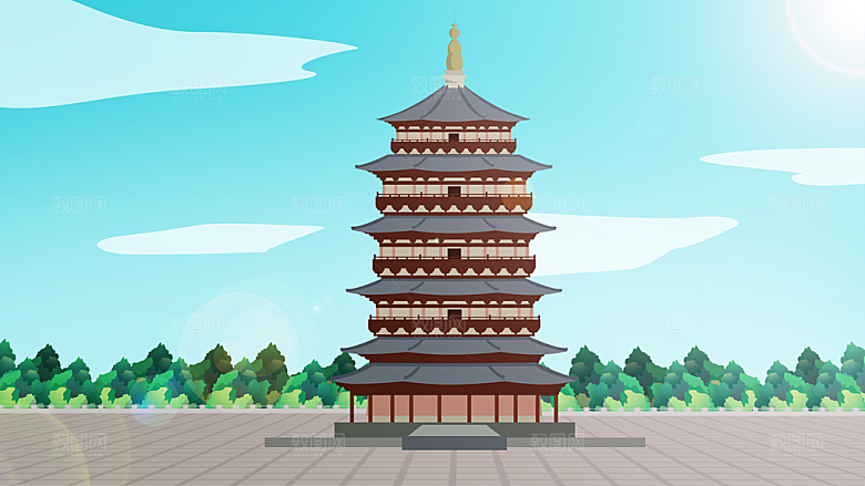 山水凉亭风景插画背景海报