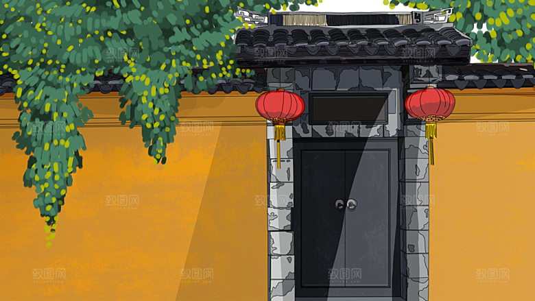 山水凉亭风景插画背景海报