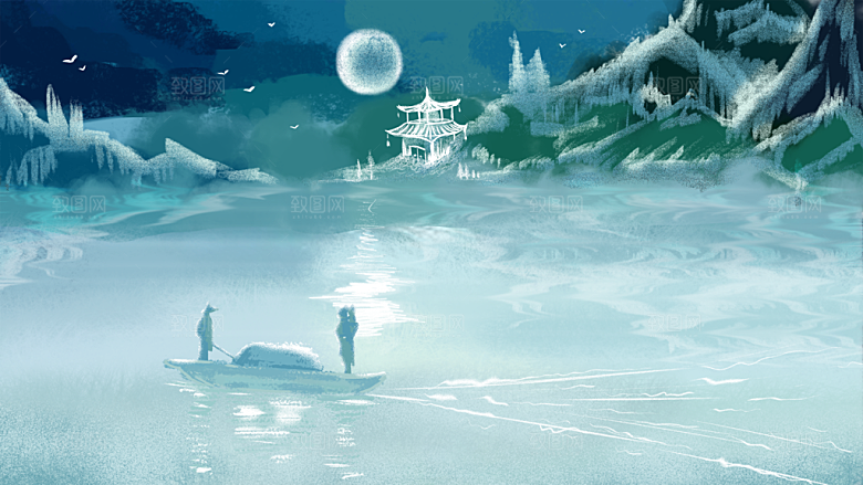 山水凉亭风景插画背景海报