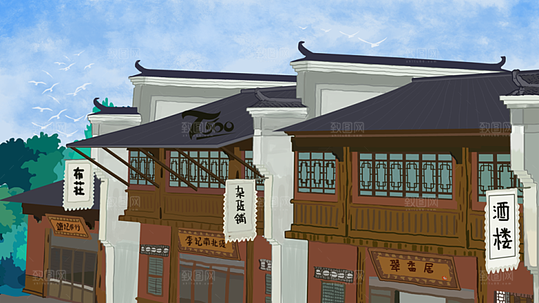 山水凉亭风景插画背景海报