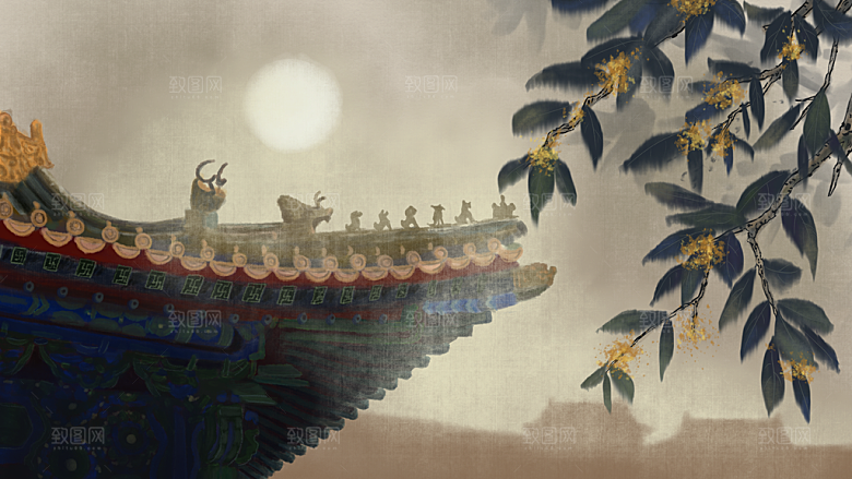 山水凉亭风景插画背景海报