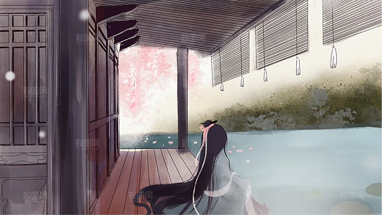 山水凉亭风景插画背景海报