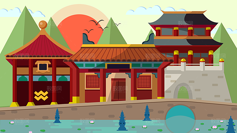 山水凉亭风景插画背景海报
