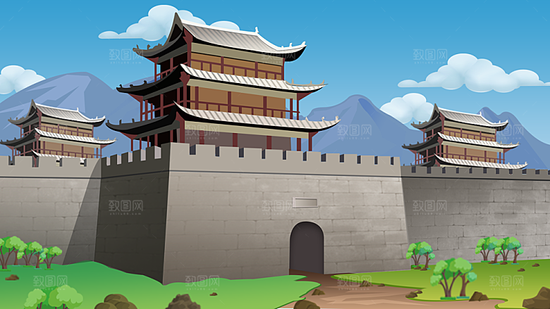 山水凉亭风景插画背景海报