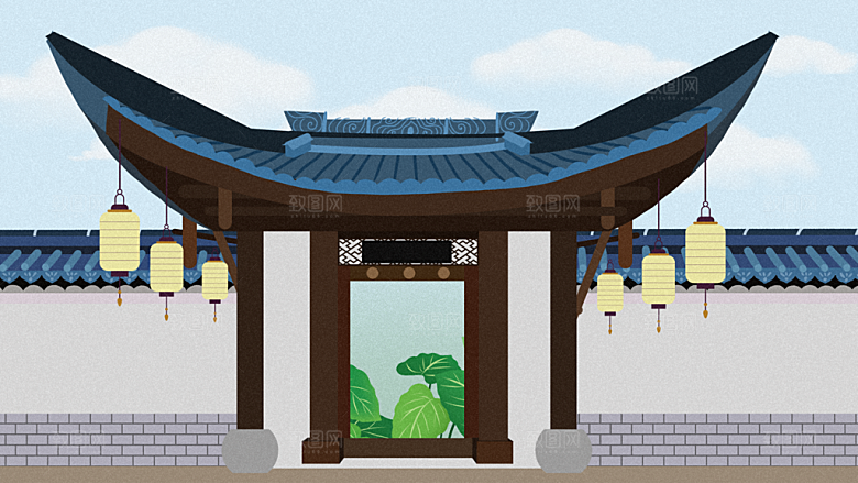 山水凉亭建筑风景海报