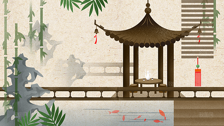 山水凉亭建筑风景海报