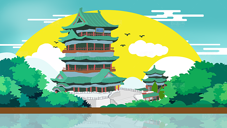 山水凉亭建筑风景海报