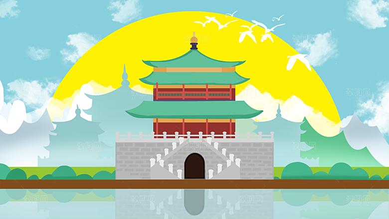 山水凉亭建筑风景海报