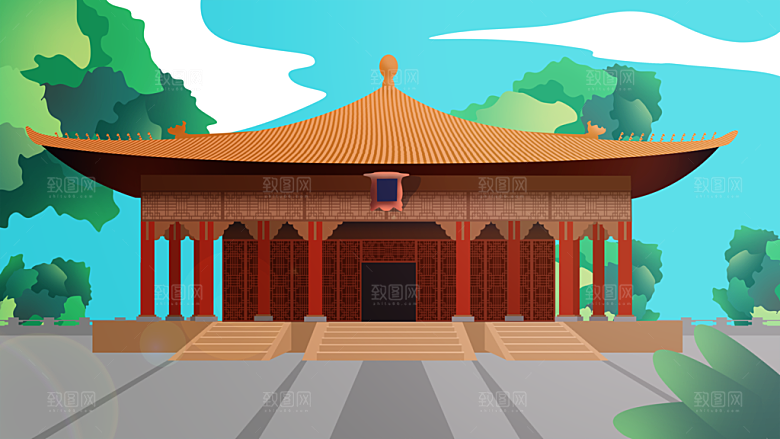 山水凉亭建筑风景海报