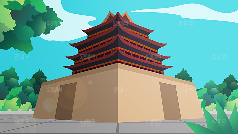 山水凉亭建筑风景海报