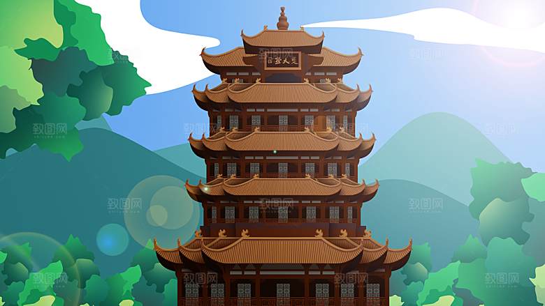 山水凉亭建筑风景海报