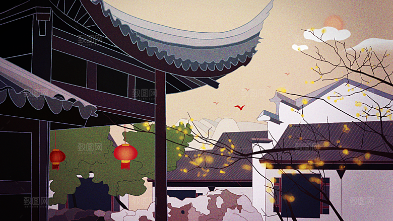 山水凉亭建筑风景海报