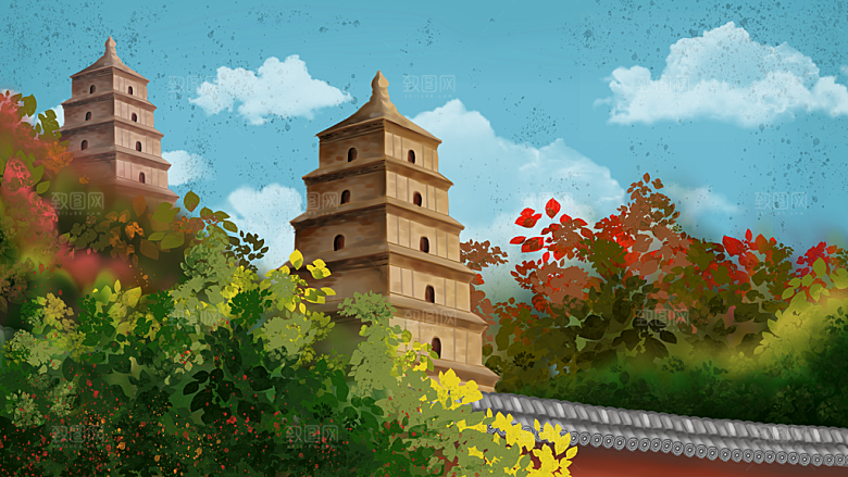 山水凉亭建筑风景海报