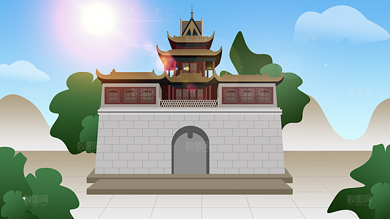 山水凉亭建筑唯美风景海报