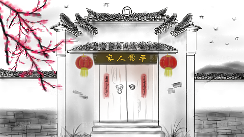 山水凉亭建筑唯美风景海报