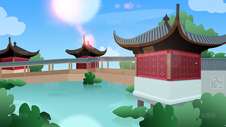 山水凉亭建筑唯美风景海报