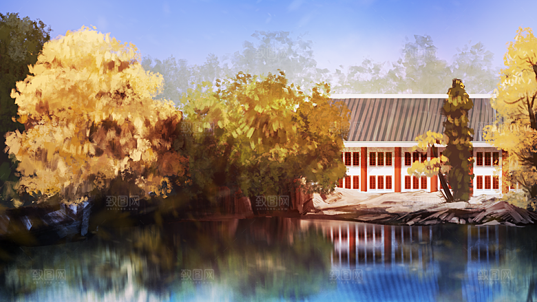 山水凉亭建筑唯美风景海报