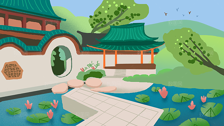 山水水墨凉亭建筑简约大气海报