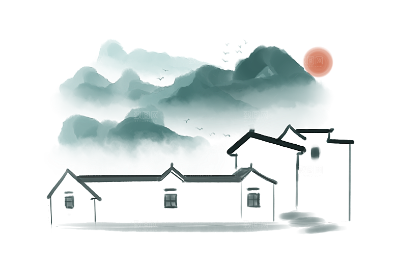 中国风水墨山水风景画远山山脉山峰