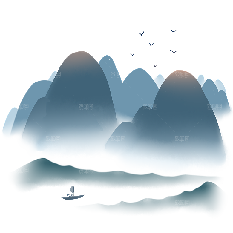 中国风水墨山水风景画远山山脉山峰