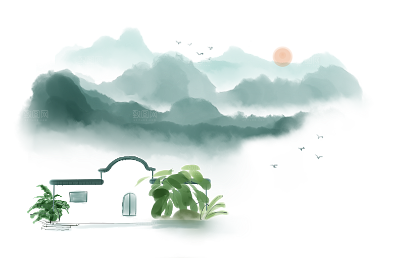 中国风水墨山水风景画远山山脉山峰
