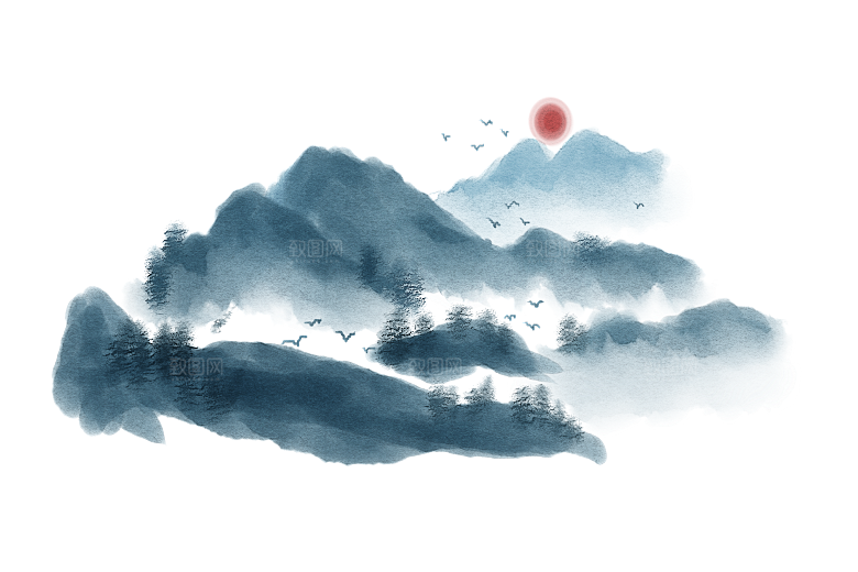 中国风水墨山水风景画远山山脉山峰