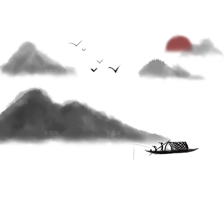 中国风水墨山水风景画远山山脉山峰