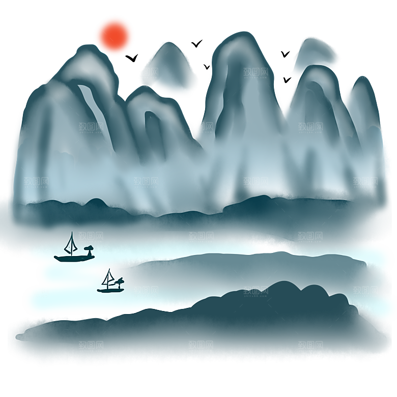 中国风水墨山水风景画远山山脉山峰