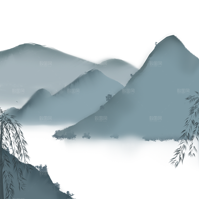 中国风水墨山水风景画远山山脉山峰