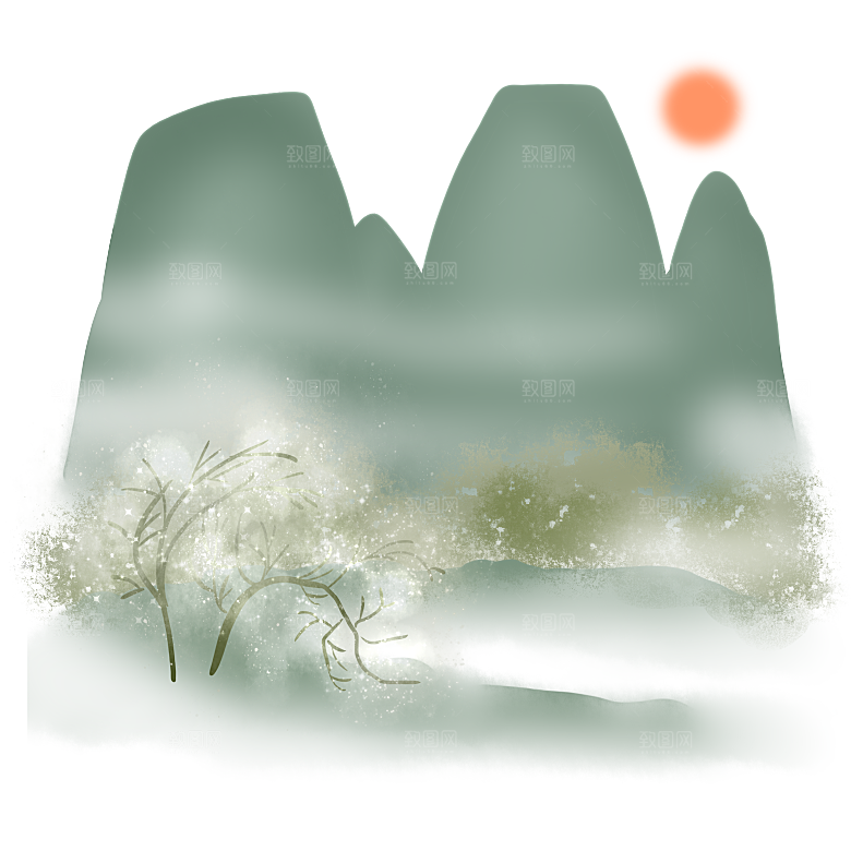 中国风水墨山水风景画远山山脉山峰