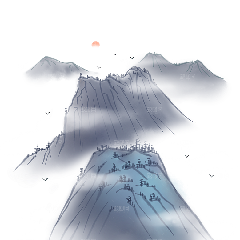 中国风水墨山水风景画远山山脉山峰