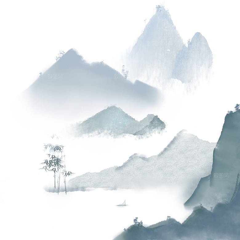 中国风水墨山水风景画远山山脉山峰