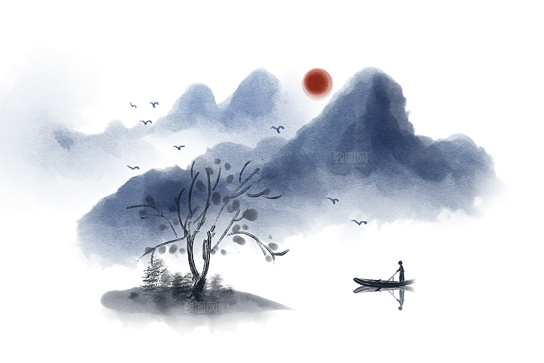 中国风水墨山水风景画远山山脉山峰
