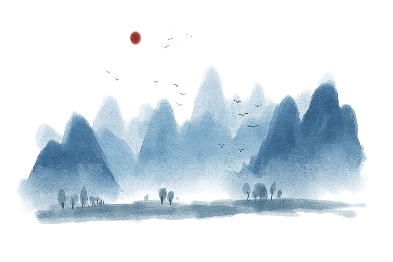 中国风水墨山水风景画远山山脉山峰