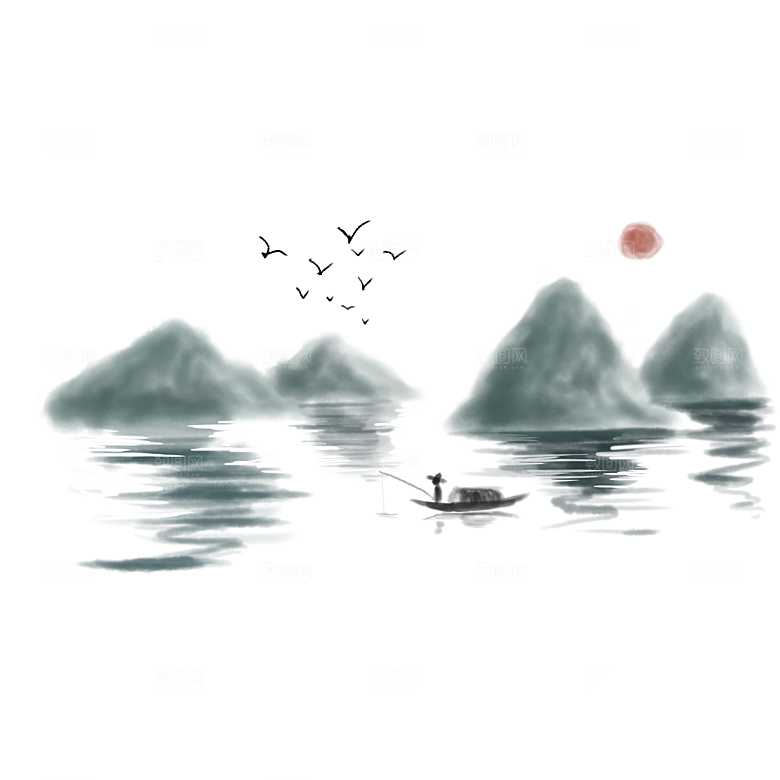 中国风水墨山水风景画远山山脉山峰