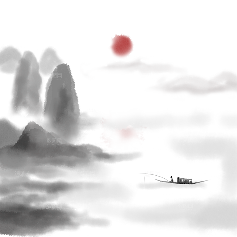 中国风水墨山水风景画远山山脉山峰