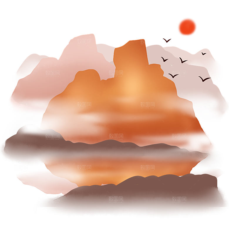 中国风水墨山水风景画远山山脉山峰