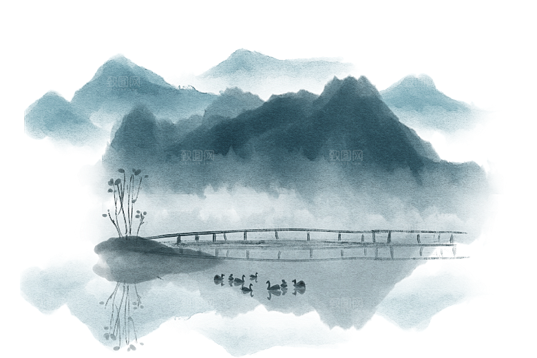 中国风水墨山水风景画远山山脉山峰