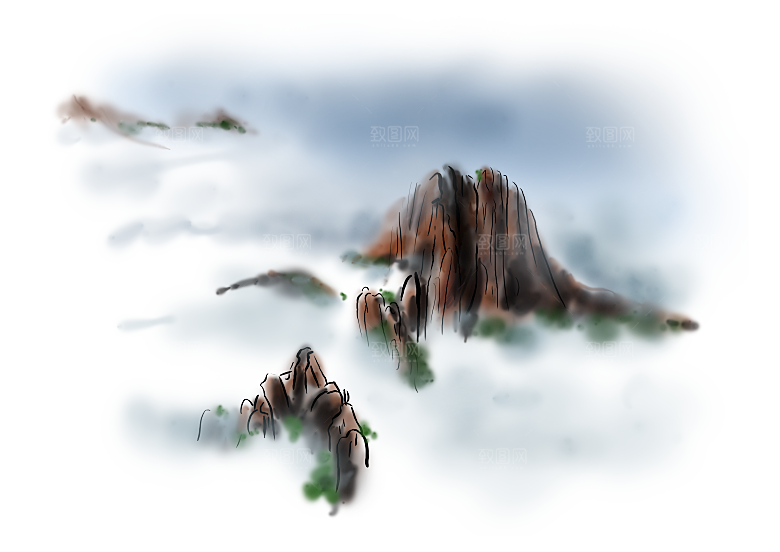 中国风水墨山水风景画远山山脉山峰