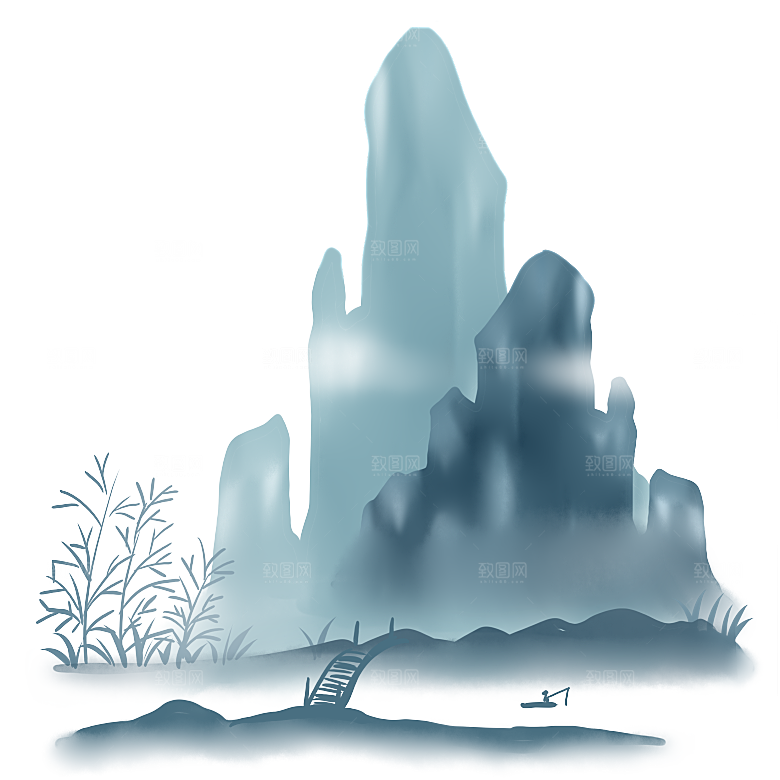 中国风水墨山水风景画远山山脉山峰