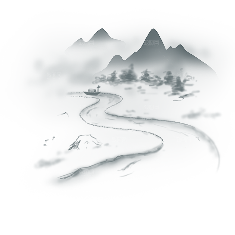 中国风水墨山水风景画远山山脉山峰