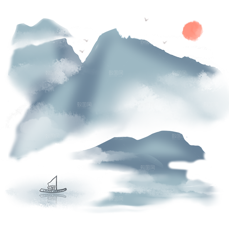 中国风水墨山水风景画远山山脉山峰