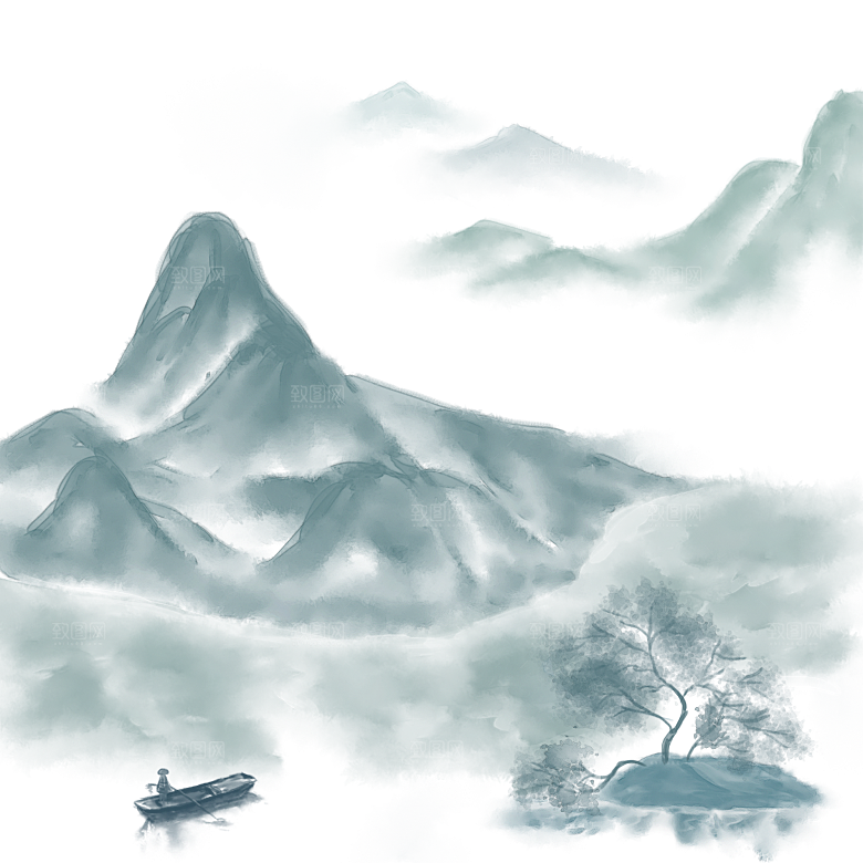 中国风水墨山水风景画远山山脉山峰