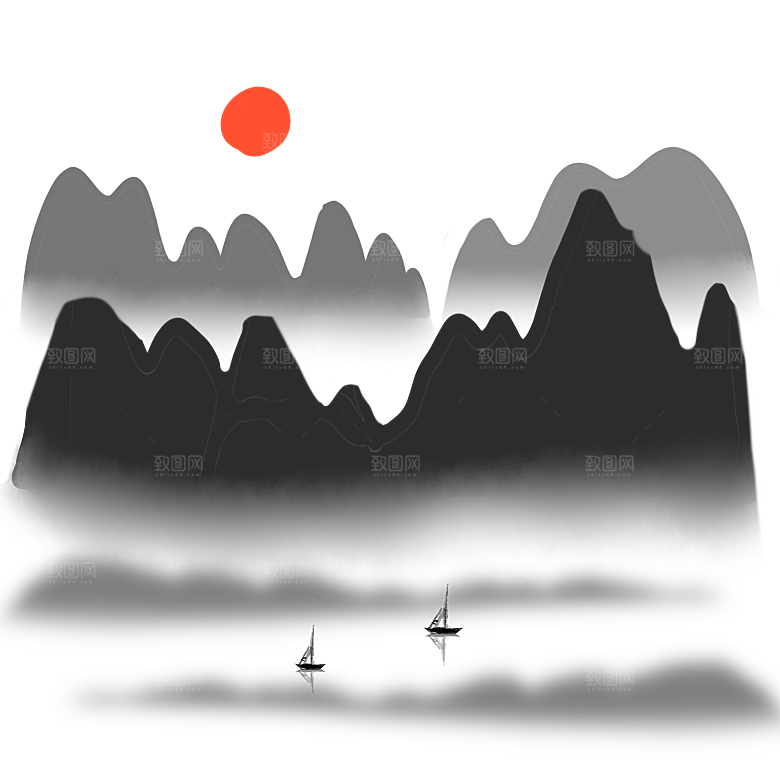中国风水墨山水风景画远山山脉山峰